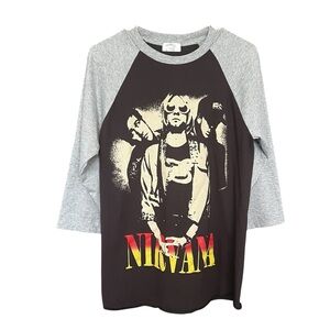 Nirvana Raglan T-Shirt Grey/Black SZ M 90s Retro Grunge Skater Casual Classic